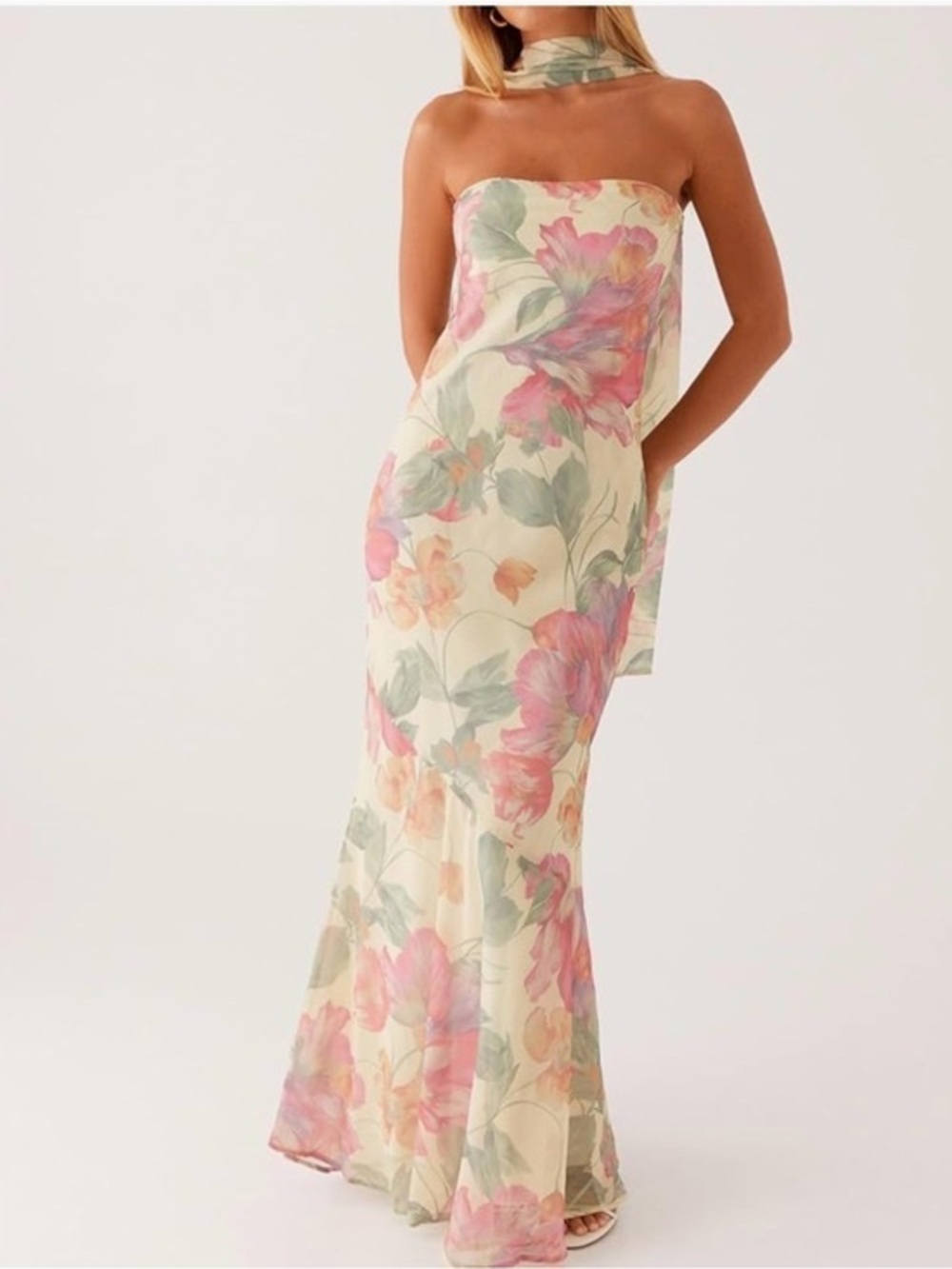 Strapless Floral Chiffon Maxi Dress in Cream and Pink